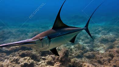 High-quality 3D render of a majestic billfish navigating deep water with smooth cinematic motion and professional tracking