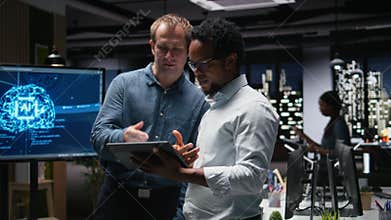 Programmers in office analyzing machine learning algorithms to prevent AI errors