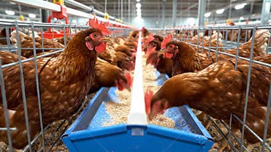 Commercial chicken housing under bright lights, highdensity hen housing with automated feeding systems in place