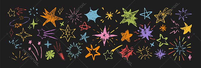 Hand drawn color crayon stars, chalk holiday fireworks, sparks, shooting comets