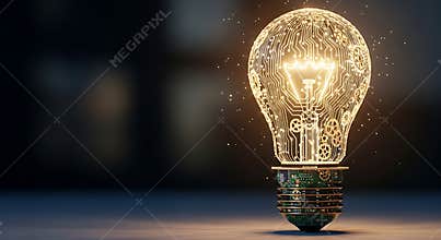 Glowing digital circuit light bulb symbolizes brilliant technology innovation and electrical engineering concepts