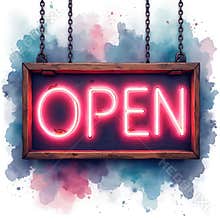 Neon pink OPEN sign hangs on chains. Wooden frame borders glowing letters. Watercolor splashes add artistic flair. Modern