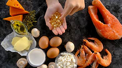 Foods containing vitamin D and omega 3. Selective focus. Food.