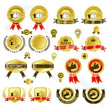 Set of gold badges with ribbon and stickers vector illustration, with tag banner