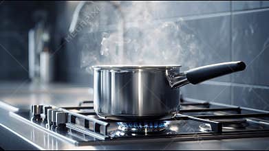 Stainless Steel Pot Boiling Water on Gas Stove in Modern Kitchen, Home Cooking and Kitchen Interior Concept 4K
