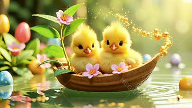 Easter chicks float in a nutshell boat decorated with violets. Flowers surround them, colorful Easter eggs float, and gold flakes.