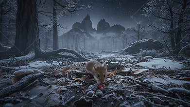 Close up of a wood mice searching food on the forest floor at night in winter season-002