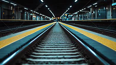 Empty subway station tracks leading into darkness