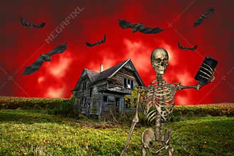 Funny Halloween Selfie, Skeleton, Haunted House