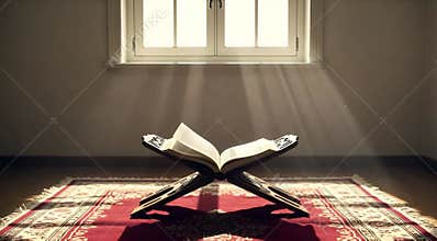 Muslim Prayer Mat Unfurling in Home for Eid or Ramadan Celebration, Symbolizing Blessings and Islamic Devotion