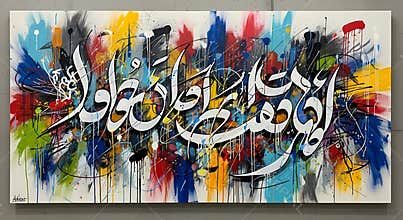 Vibrant Arabic Calligraphy Artwork with Splattered Colors and Dynamic Expressions