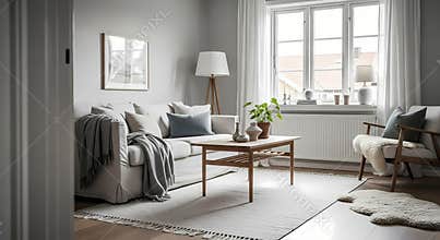 Modern Living Room Interior with White Sofa and Wooden Coffee Table
