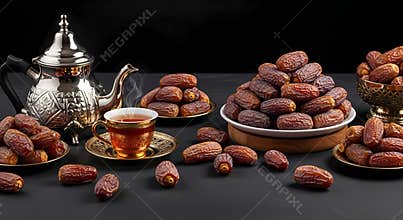 Dates and Tea in an Elegant Setting with Antique Tea Pot and Cups