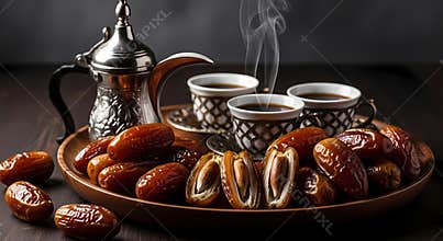 Dates and Coffee on a Wooden Plate with a Silver Teapot