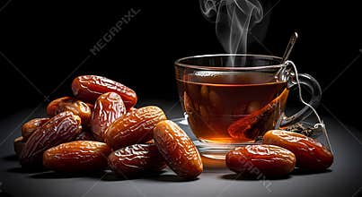 Steaming Hot Tea with Dates on Black Background