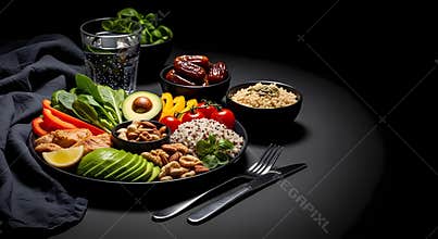 Healthy Meal with Fresh Vegetables and Nuts on a Black Plate