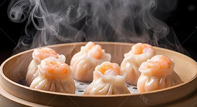 Steamed Dumplings with Shrimp Filling Served in Bamboo Steamer