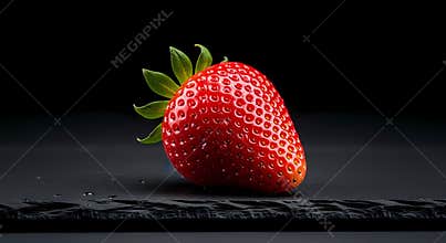 Fresh Strawberry Fruit on Black Background with Green Leaves