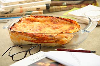 Cheese casserole and books