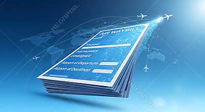 Stack of digital air waybill documents symbolizing fast international air freight logistics and global shipping