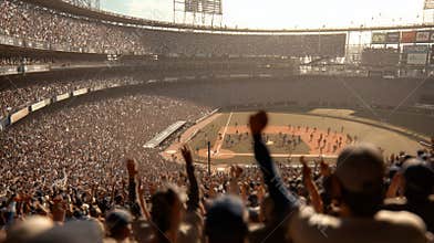 Crowd cheers during a professional baseball game at a stadium in the afternoon