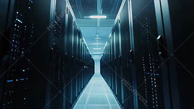Data center corridor with rows of server racks