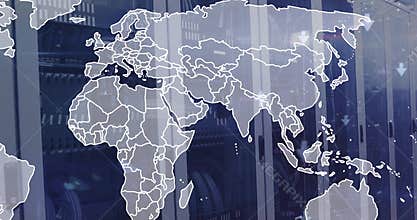 Displaying outline world map on glass panel in server room, showing server racks and cables
