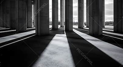 Stark black and white photograph captures dramatic long shadows cast by massive concrete columns