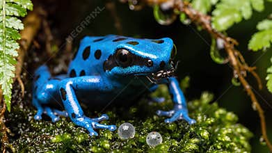 Vibrant blue poison dart frog poised on lush moss, capturing a moment of anticipation before catching an insect, showcasing