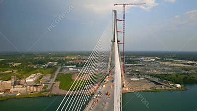 Newly constructing Gordie Howe International Bridge across USA and Canada border on Detroit river near Windsor