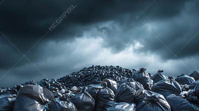 Pile of black garbage bags under dark stormy clouds showcasing environmental impact and waste management