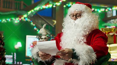 Man dressed as Santa Claus laughing, amused by funny letters received from kids