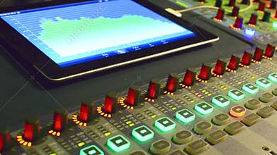 Music studio audio mixer with digital VU meter display