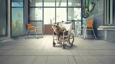 Disabled cat on the trolley wheelchair