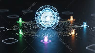 A Stunning Visualization of Quantum Entanglement and Network Interactions, Representing Data Flow and Connectivity in a Digital
