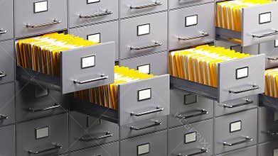 File cabinet drawer full of folder with documents, Searching office archive storage,