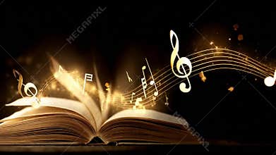 Open Book Radiates Magical Musical Notes and Golden Light on Black Background