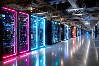 Neon Lit Server Room with Data Centers