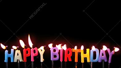 Colourful happy birthday candles being blown out with copy space on black background