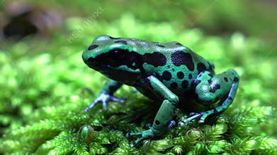 Dart frog moving on mossy forest floor
