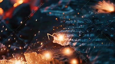 A bright sparkler lit up against a dark rock surface, perfect for use in night-time or celebration scenes