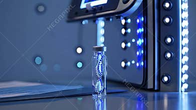 A scientist carefully places a test tube near high-tech lab equipment, highlighting advanced research and precise laboratory work.