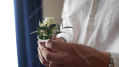 Close up of groom hands holding boutonniere flower