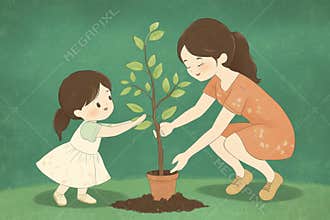 A smiling young mother and her little daughter are engaged in a gardening activity, planting a seedling in the ground