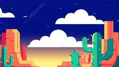 Animated Desert Landscape: Cacti, Clouds, and Sunset in Motion