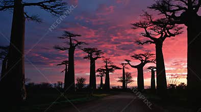 Majestic Baobab Trees Silhouetted Against a Fiery Sunset Sky