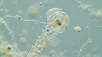 Bell Animalcule Microscopic View with Granular Details in Clear Background Showing Cilia Movement and Cell Structure for