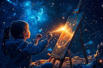 Young artist captivates the cosmos while painting a vibrant scene of a shooting star on an easel