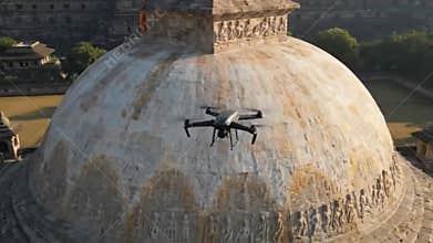 Drone Flight Over Ancient Buddhist Stupa: Aerial View of Architectural Heritage