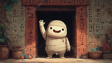 Smiling mummy character waving from a friendly tomb with hieroglyphics on the wall